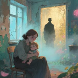 A woman holds a baby in front of a door, with a man standing in the background.