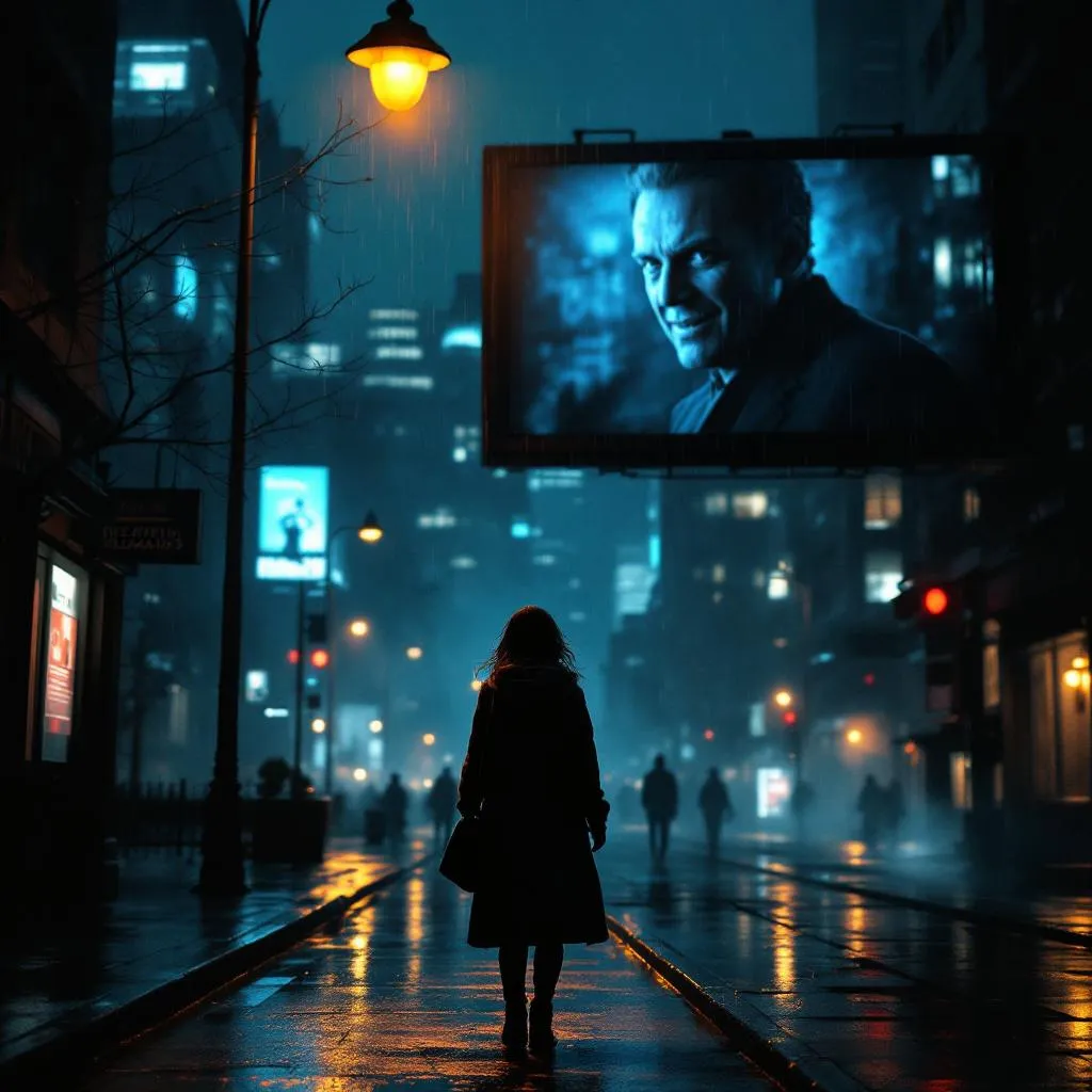 A woman walks down a dimly lit street at night, passing a large screen displaying a man's image.