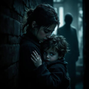 A woman holds her child close in a dimly lit environment, conveying a sense of warmth and protection.
