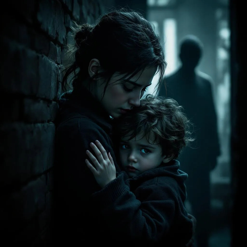 A woman holds her child close in a dimly lit environment, conveying a sense of warmth and protection.
