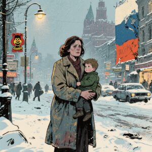 A woman holds a child in her arms, both smiling while surrounded by a snowy landscape.