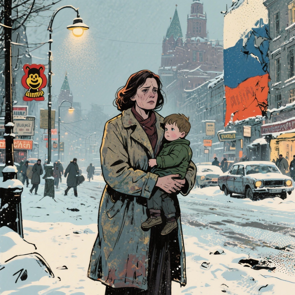 A woman holds a child in her arms, both smiling while surrounded by a snowy landscape.