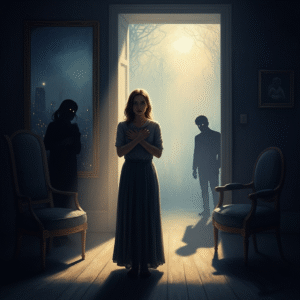 A woman stands in front of a door, with a man and another woman visible in the background.