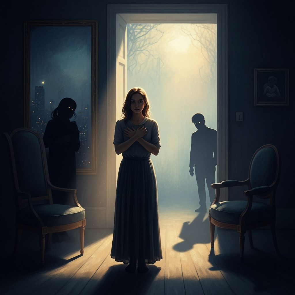 A woman stands in front of a door, with a man and another woman visible in the background.