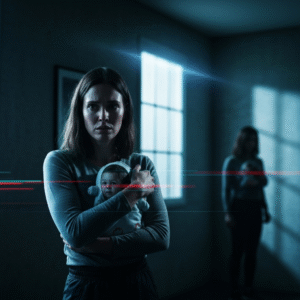 A woman gently cradles a baby in her arms, surrounded by a dimly lit room.